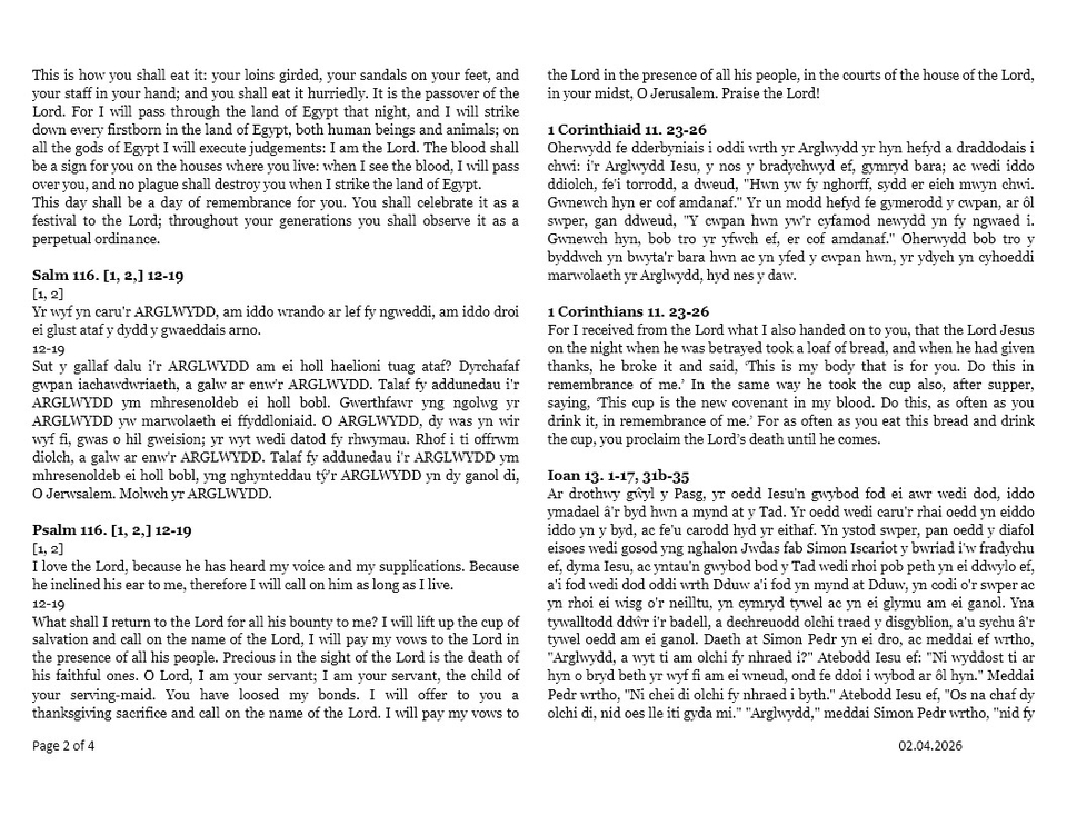 Darlleniadau Dydd Iau Cablyd  |  Maundy Thursday readings