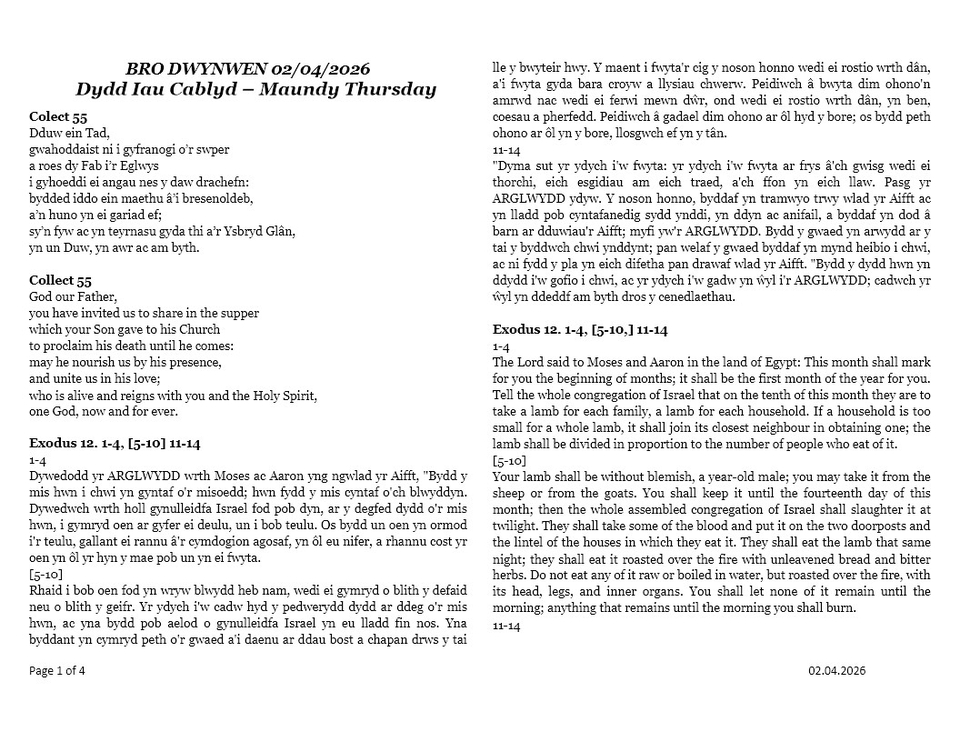 Darlleniadau Dydd Iau Cablyd  |  Maundy Thursday Readings