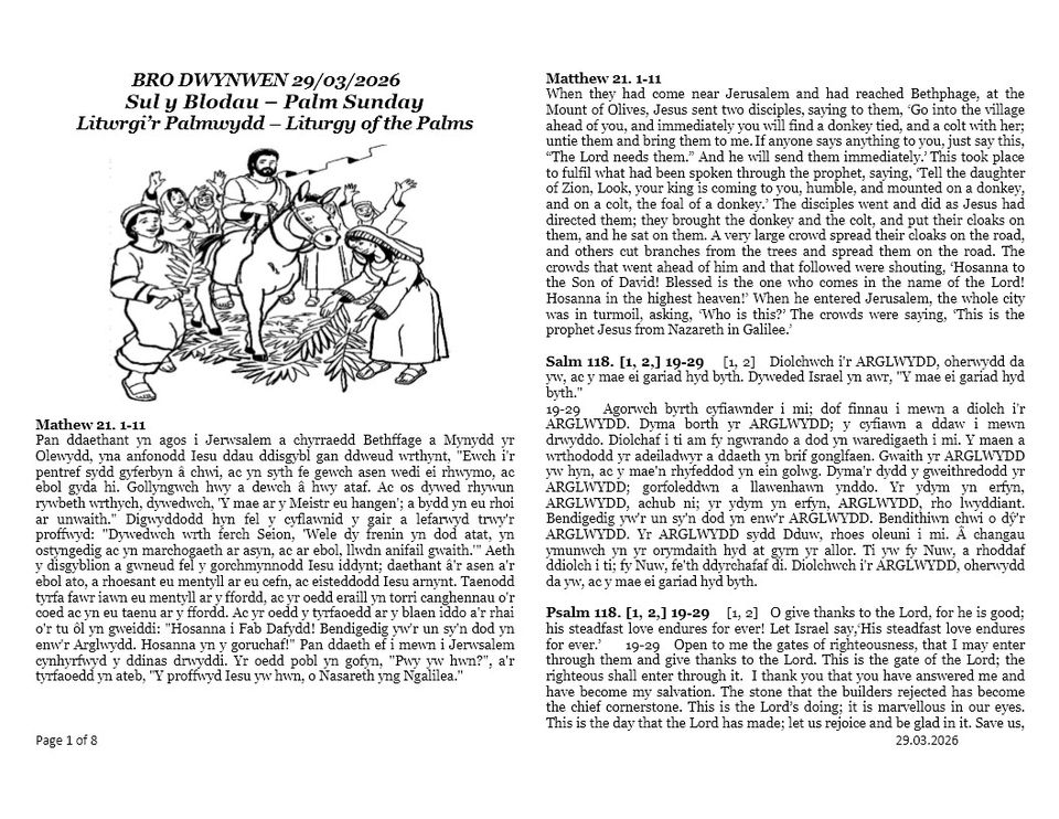Darlleniadau - Sul y Blodau  |  Palm Sunday Redings