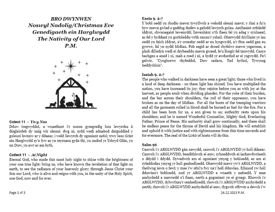 Darlleniadau Noswyl Nadolig (Nos)  |  Christmas Eve Readings (Evening)