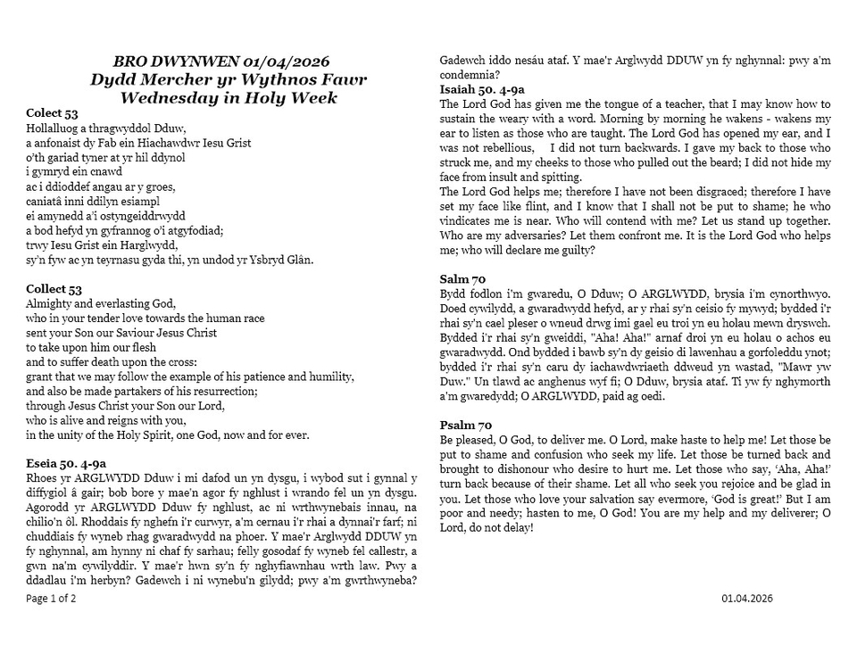 Darlleniadau Dydd Mercher  |  Wednesday of Holy Week Readings