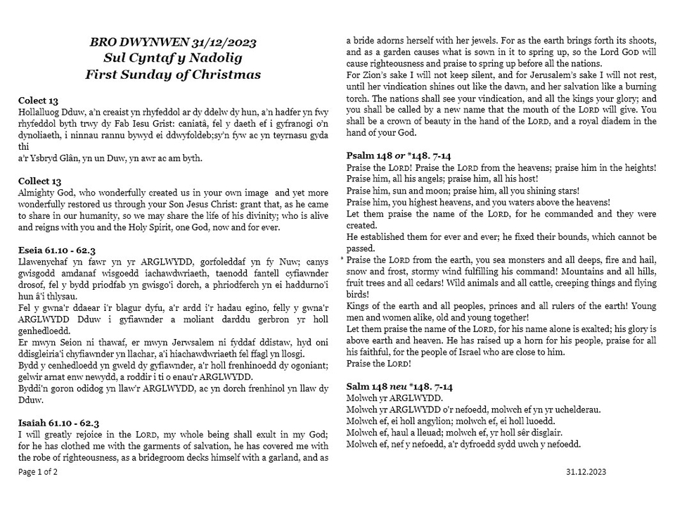 Darlleniadau Sul Ola'r Flwyddyn | Readings 31.12.2023   Page 1